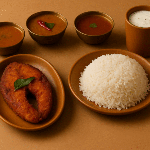 Fish Fry + White Rice + Sambar + Rasam + Curd