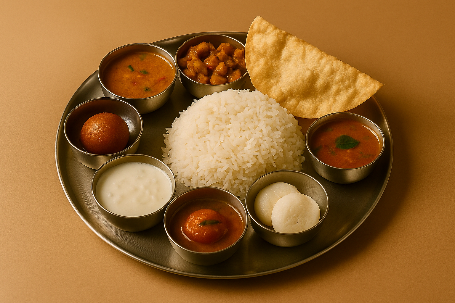 Veg Thali – Rice, Sambar, Curry, Rasam, Curd, Papad + Sweet
