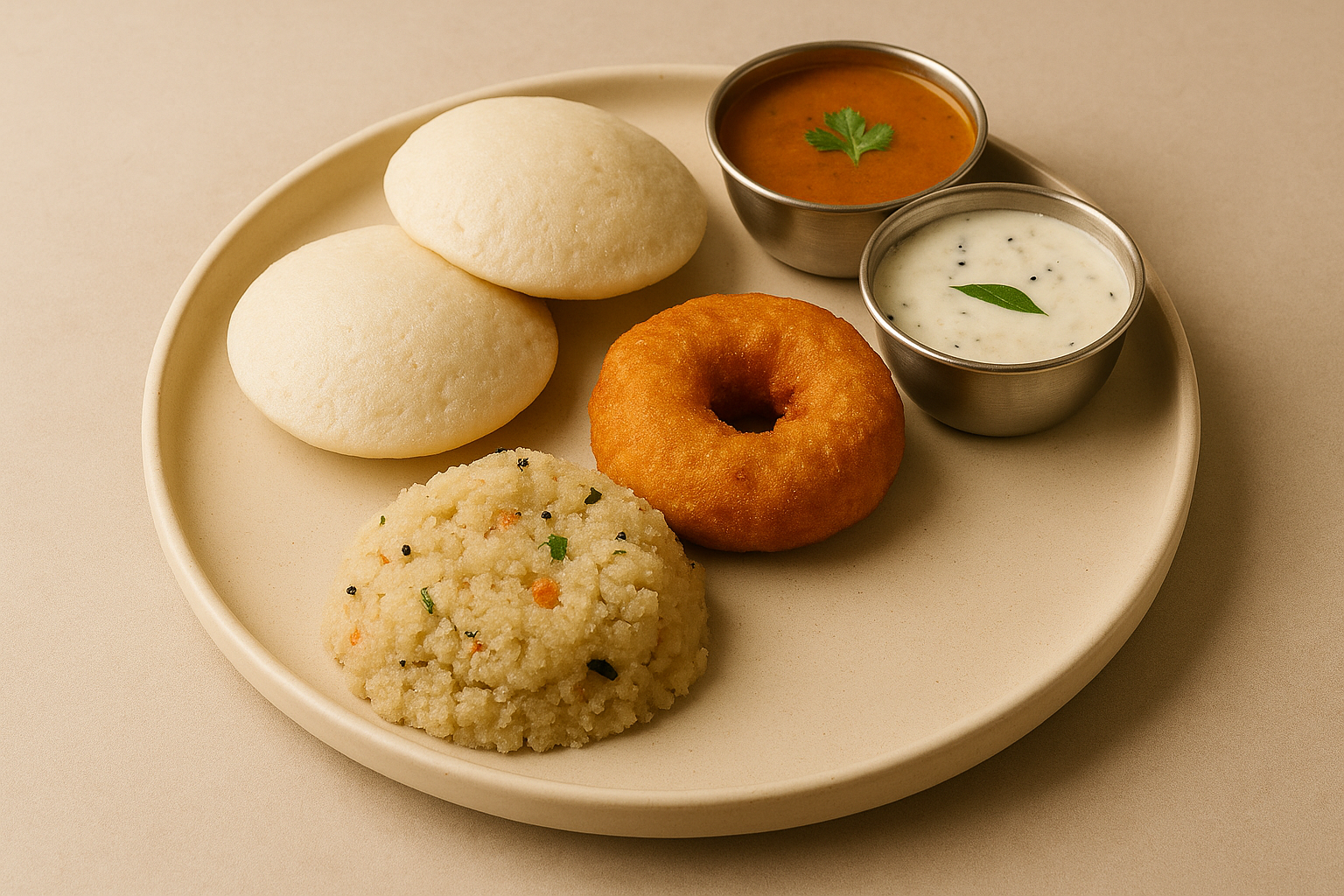Idli (2 pcs) + Vada (1 pc) + Upma + Sambar + Chutney